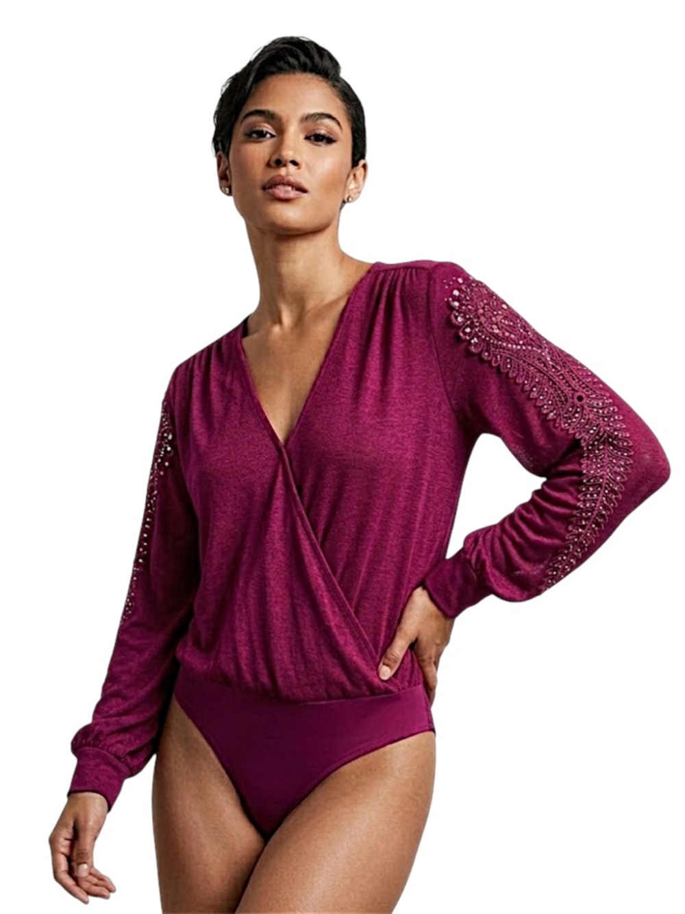 Ember Long Sleeve Wrap Bodysuit with Rhinestone Lace Detail Size Medium